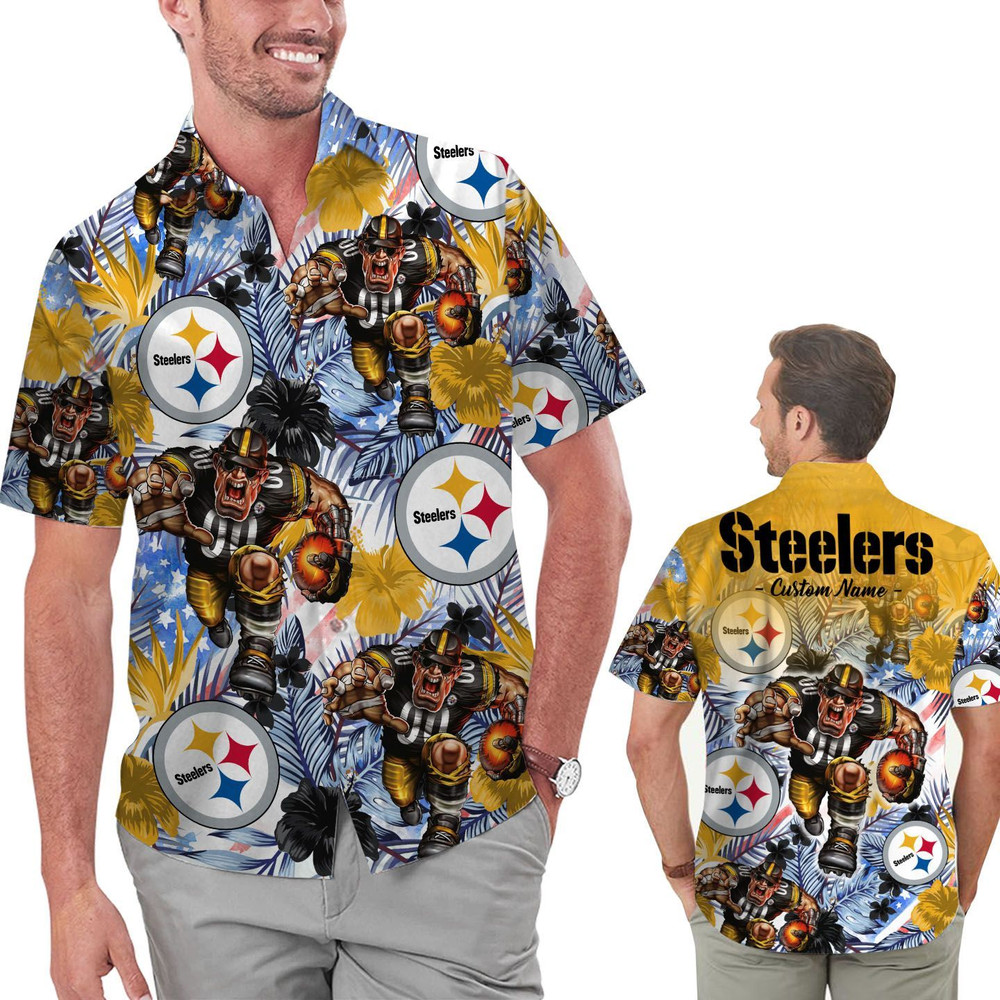 Personalized Pittsburgh Steelers Tropical Floral America Flag Hawaiian Shirt Hot Trendy Summer 2024