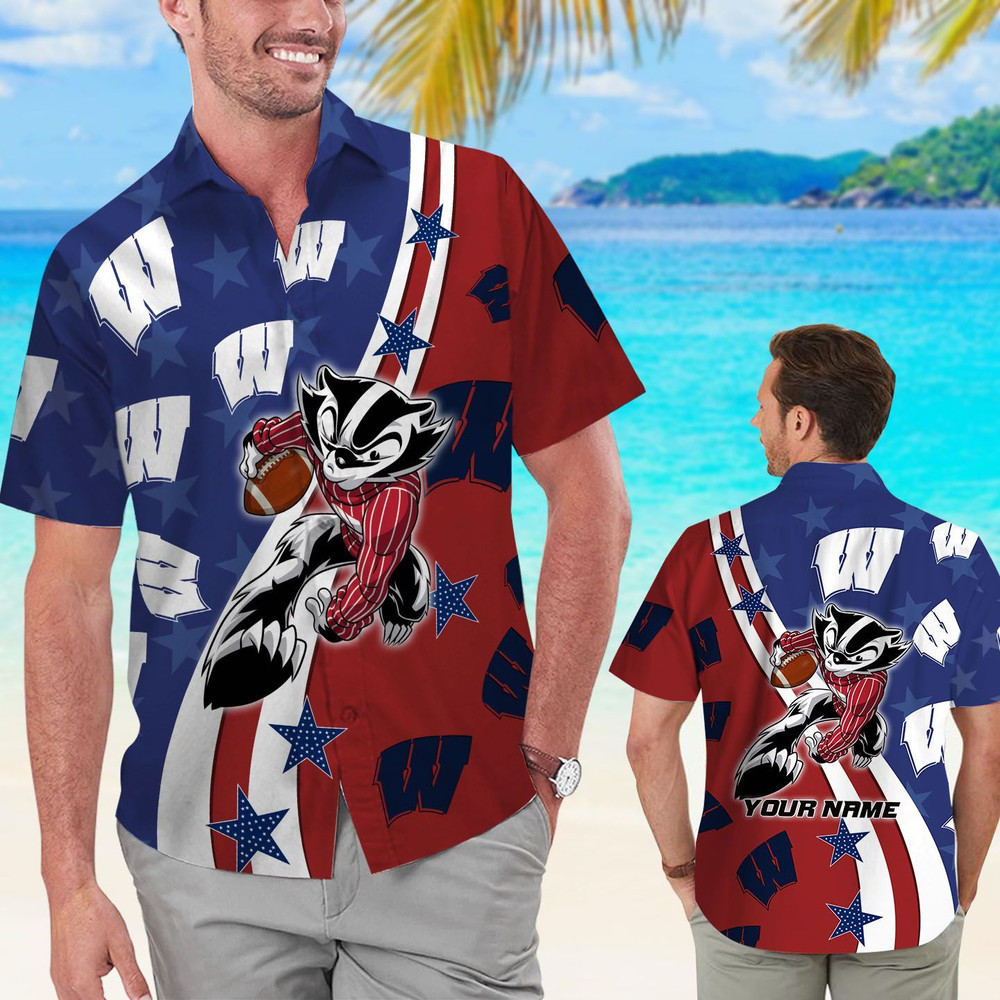 Personalized Wisconsin Badgers American Flag Hawaiian Shirt Hot Trendy Summer 2024