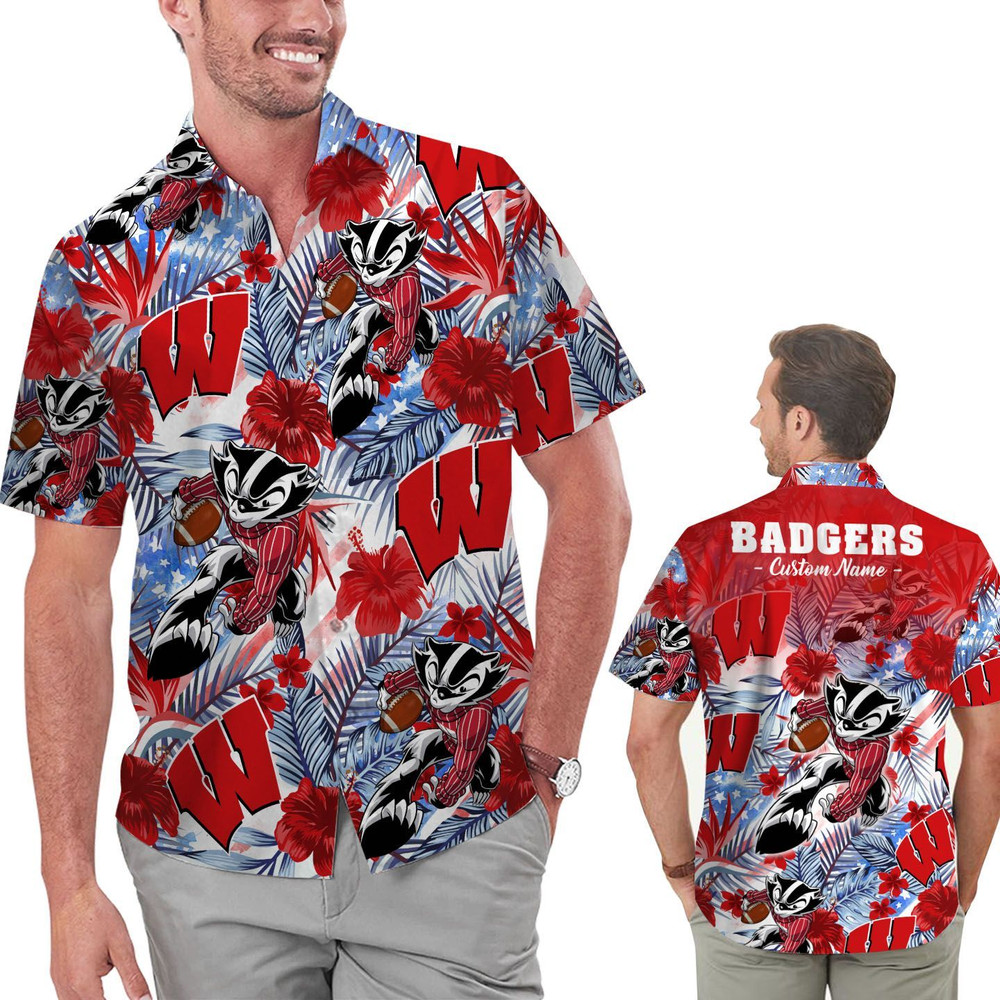 Personalized Wisconsin Badgers Tropical Floral America Flag Hawaiian Shirt Hot Trendy Summer 2024