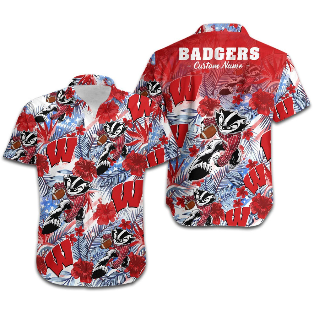 Personalized Wisconsin Badgers Tropical Floral America Flag Hawaiian Shirt Hot Trendy Summer 2024