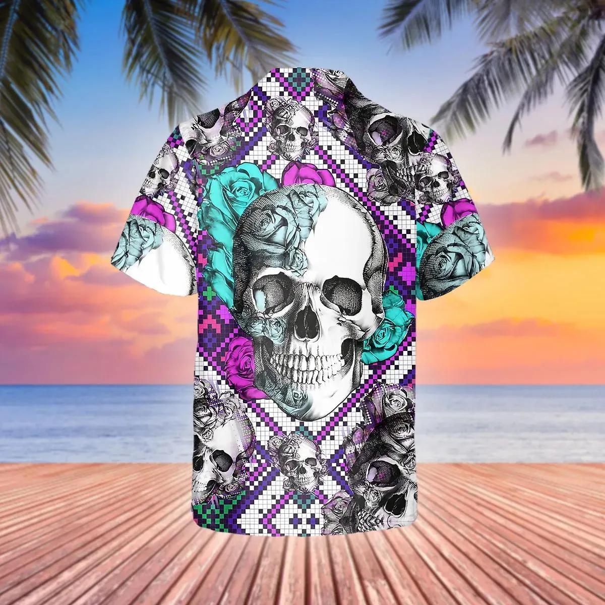 Purple And Teal Aztec Rose Skull Hawaiian Shirt – Best Clothing For You