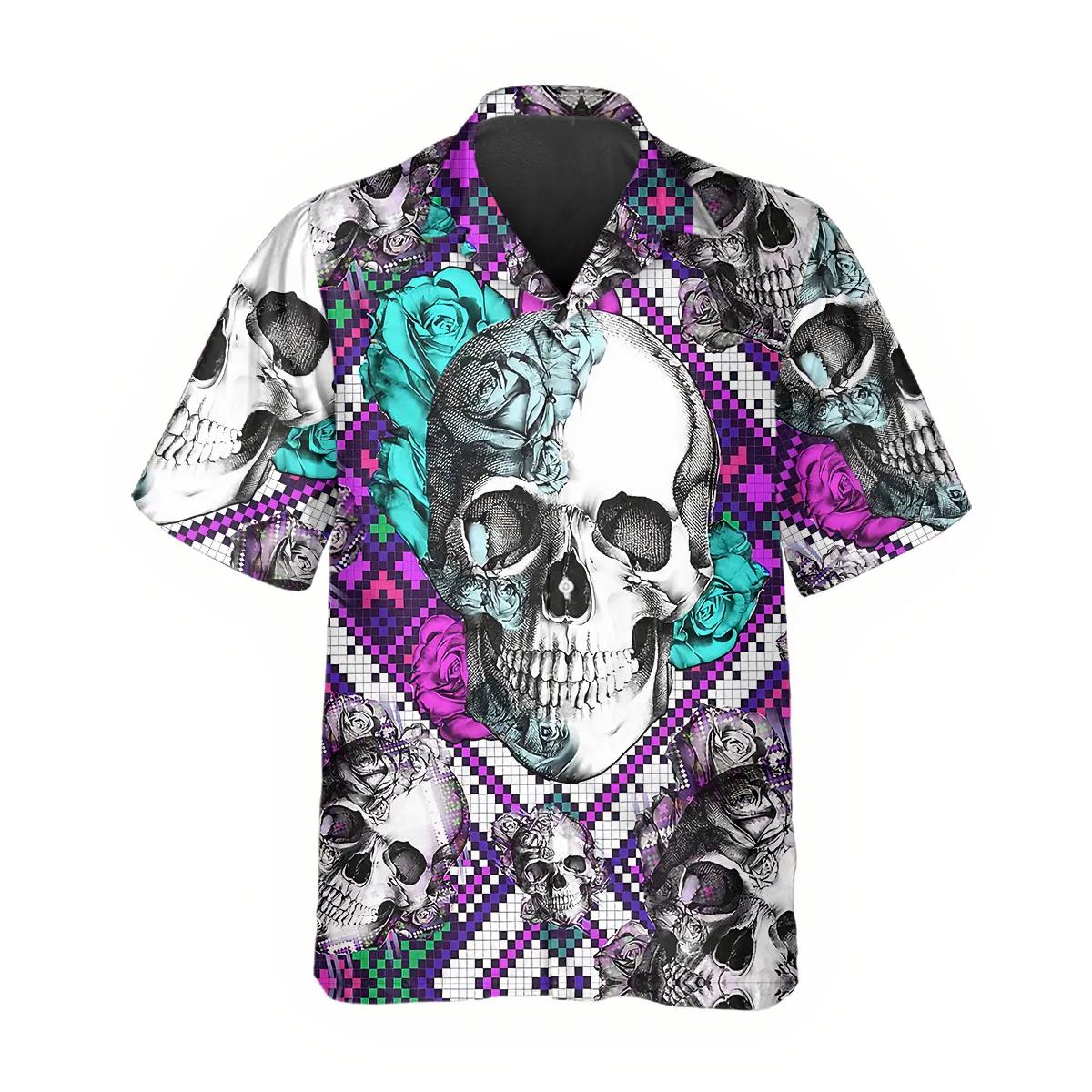 Purple And Teal Aztec Rose Skull Hawaiian Shirt – Best Clothing For You