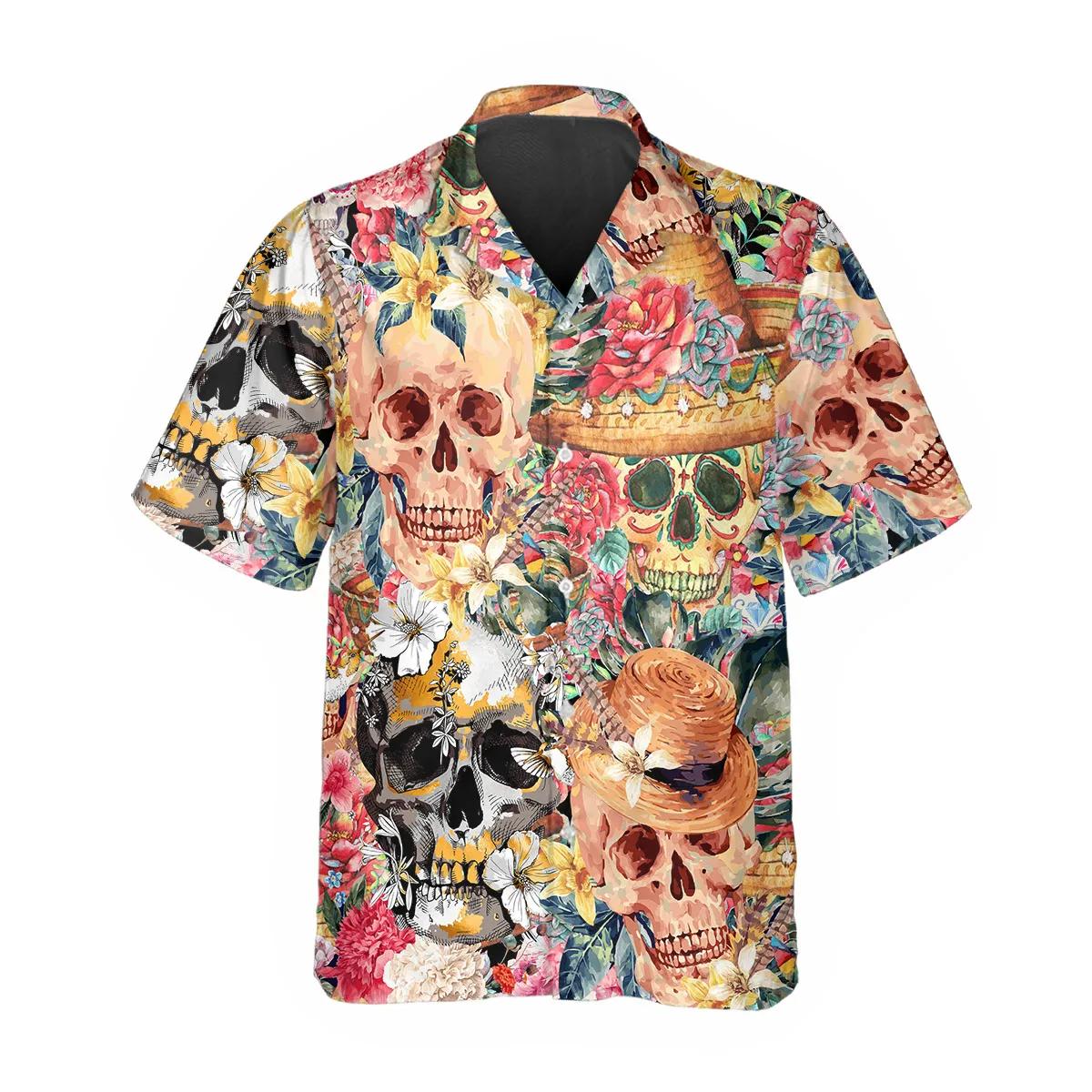 Skull With Flowers Hawaiian Shirt, Hawaiian Button Up Shirt, Tropical Shirts For Men – Best Clothing For You