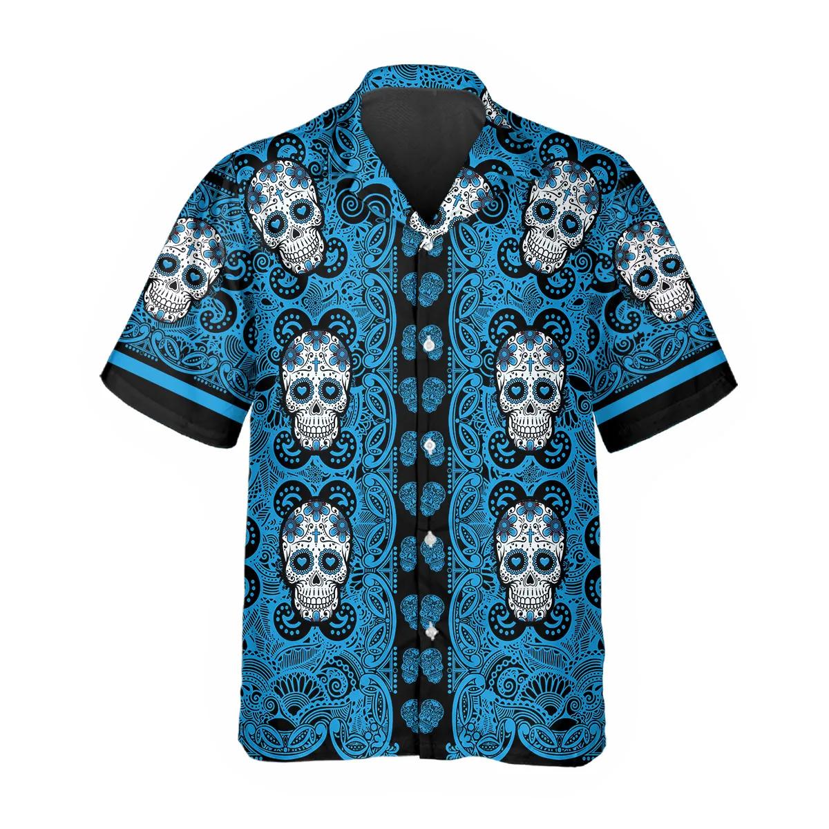 Sky Blue Pattern Color Skull Hawaiian Shirt – Best Clothing For You