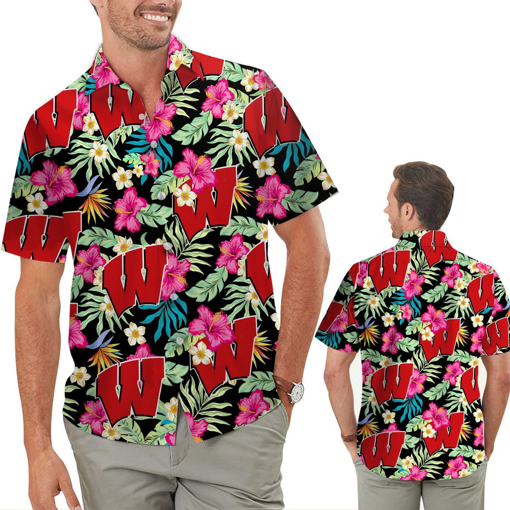 Wisconsin Badgers Hibiscus Hawaiian Shirt Hot Trendy Summer 2024