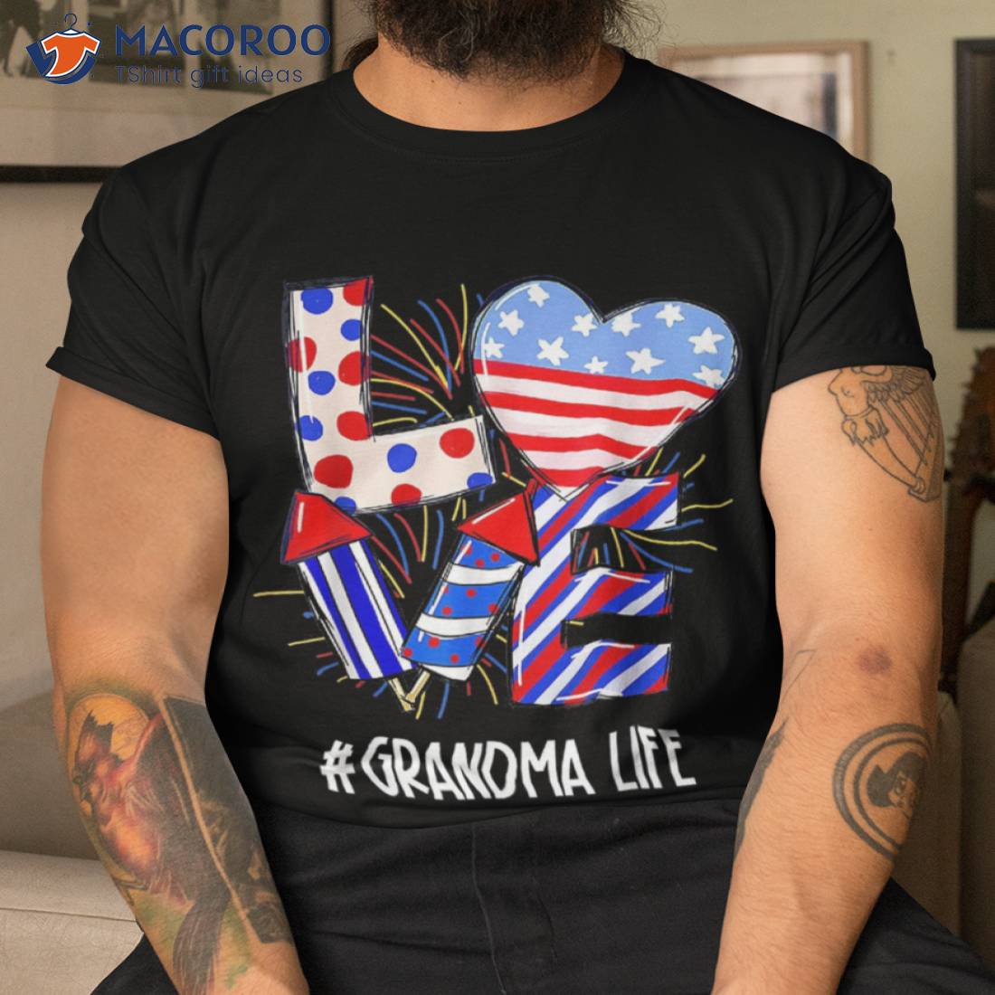 American Flag Fireworks Love Grandma 4th Of July Patriotic Shirt