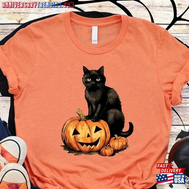 Black Cat On Pumpkin Shirt Halloween Lover For Fall T-Shirt Sweatshirt