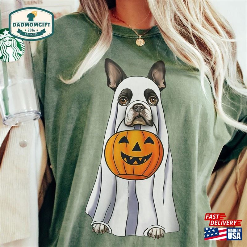 Boston Terrier Halloween Comfort Colors Tee Funny Fall Wearing A Ghost Costume With Pumpkin Basket Unisex T-Shirt Sweatshirt