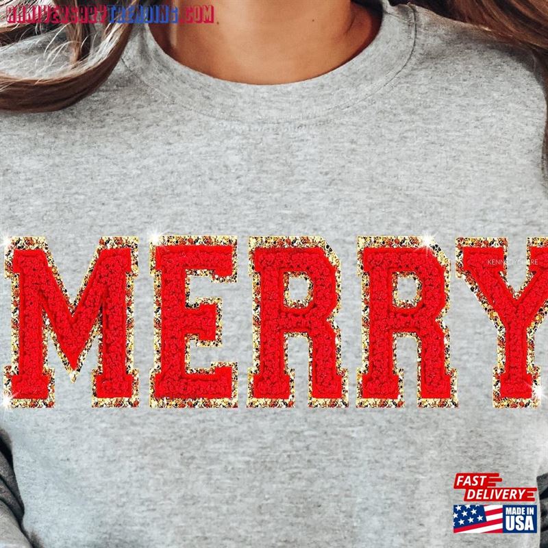 Chenille Patch Christmas Sweatshirt Shirts Merry Crewneck T-Shirt Classic