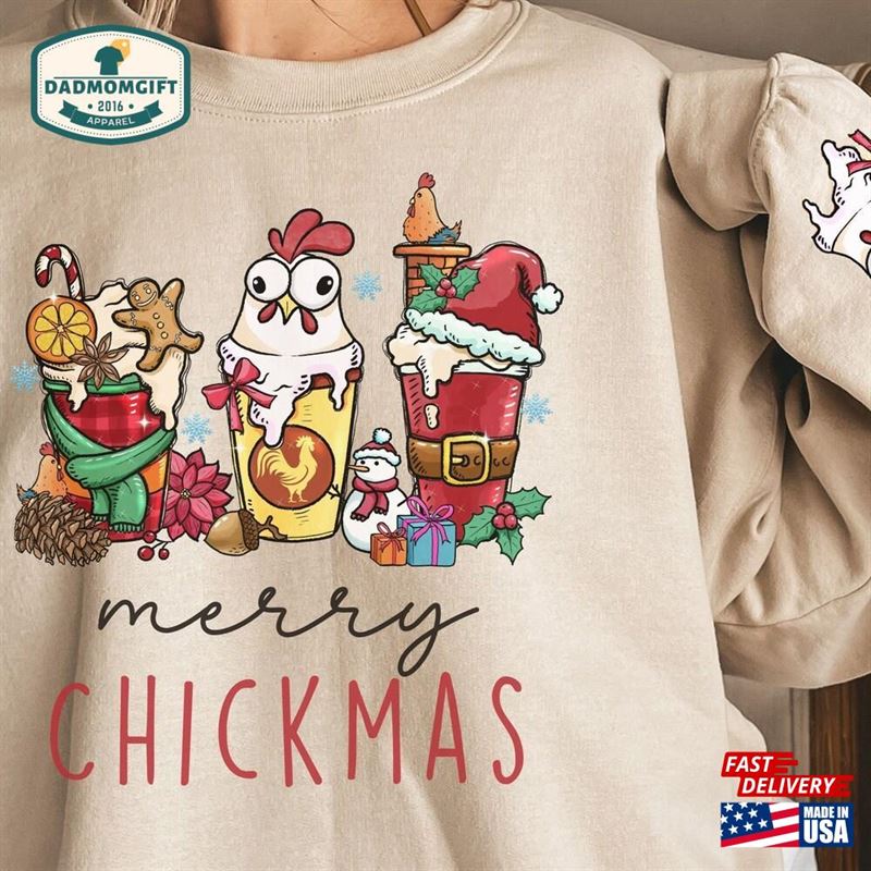 Christmas Chicken Sweatshirt Merry Chickmas Sweater Print On Sleeve Hoodie Unisex