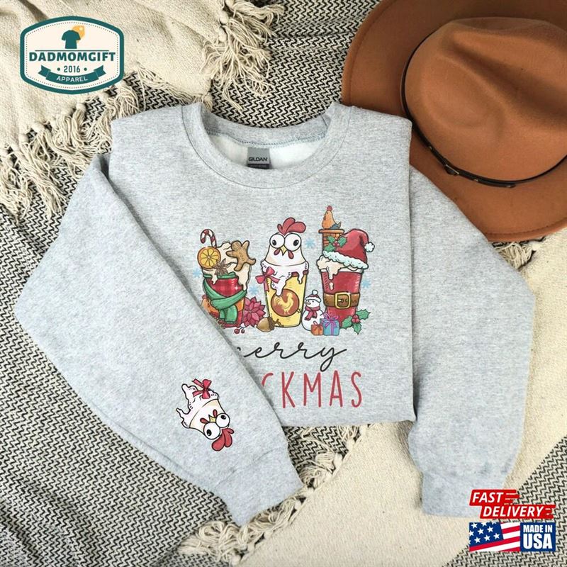 Christmas Chicken Sweatshirt Merry Chickmas Sweater Print On Sleeve Hoodie Unisex