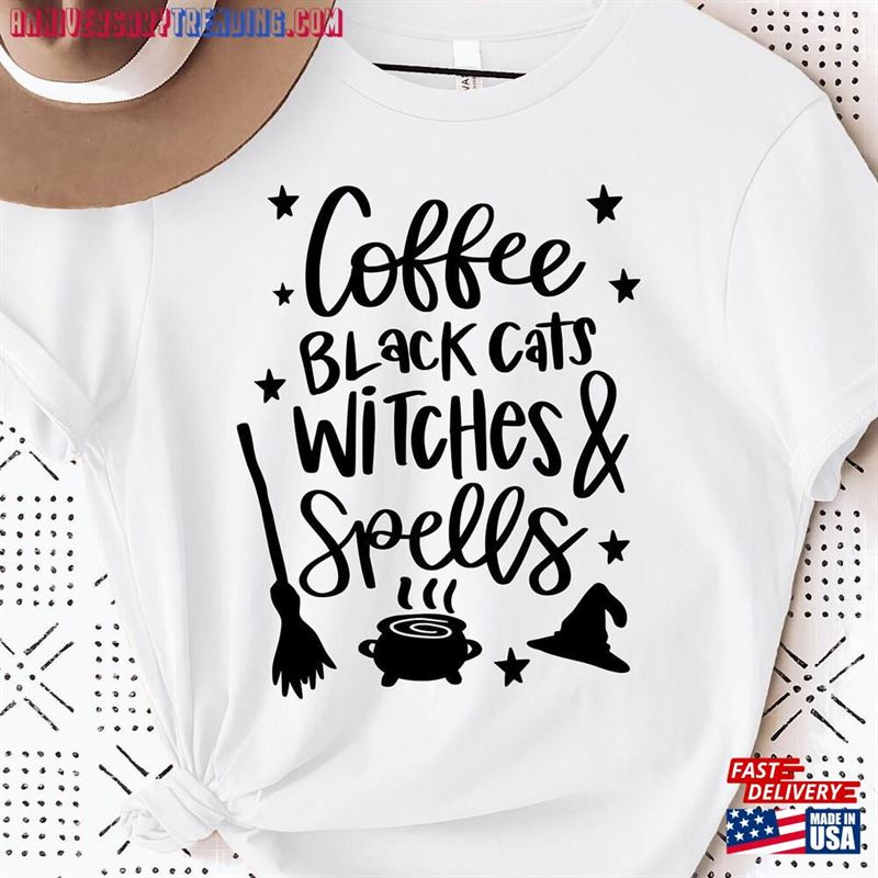 Coffee Cats Witches Spell T-Shirt Halloween Shirt Funny Tee Classic