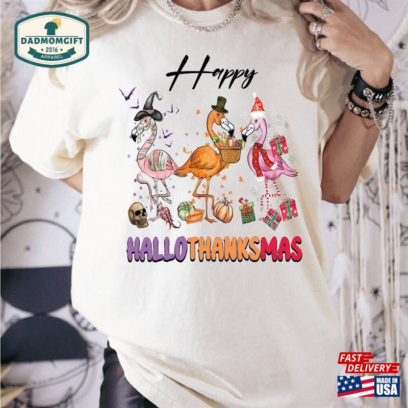 Comfort Colors Happy Hallothanksmas Shirt Flamingo Xmas Halloween Tee Classic Unisex