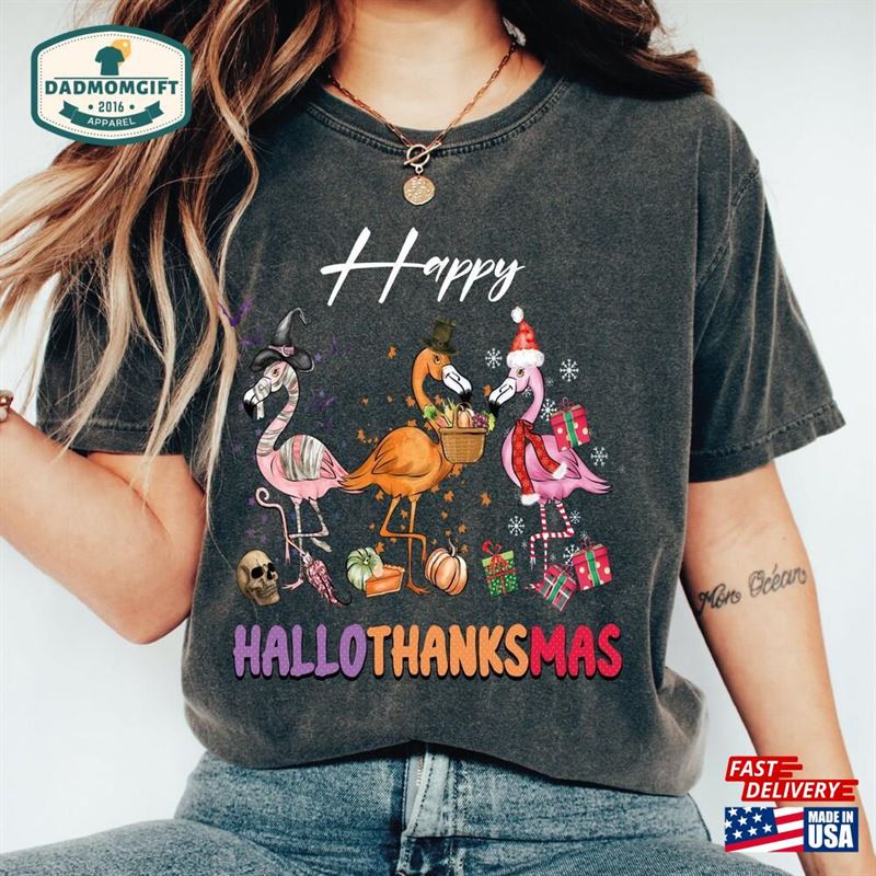 Comfort Colors Happy Hallothanksmas Shirt Flamingo Xmas Halloween Tee Classic Unisex