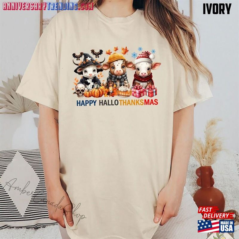 Cow Happy Hallothanksmas Sweatshirt Halloween Thanksgiving Christmas Shirt T-Shirt