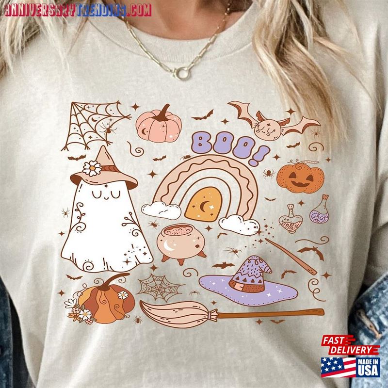 Cute Girls Halloween Shirt Doodles Collage Pink Shirts Kids Hoodie Unisex