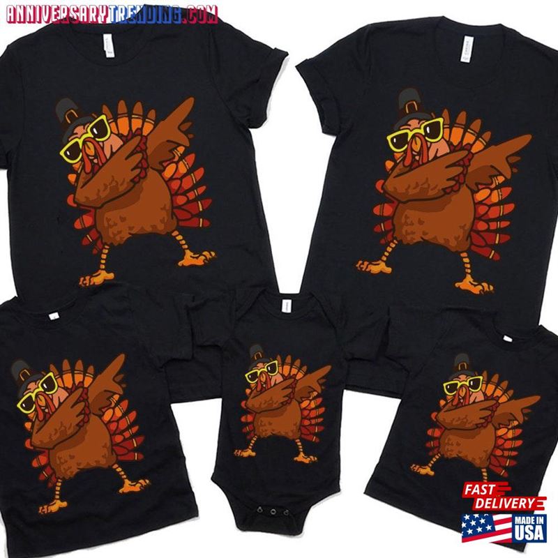 Dabbing Turkey Thanksgiving Shirt For Men Women V Neck Kids Unisex T-Shirt