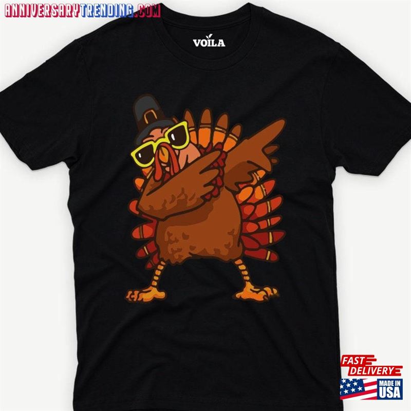 Dabbing Turkey Thanksgiving Shirt For Men Women V Neck Kids Unisex T-Shirt