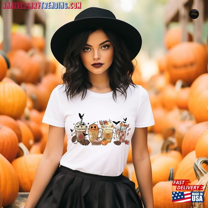 Fall Coffee Shirt Cute Halloween Pumpkin T-Shirt Thanksgiving Sweatshirt Unisex