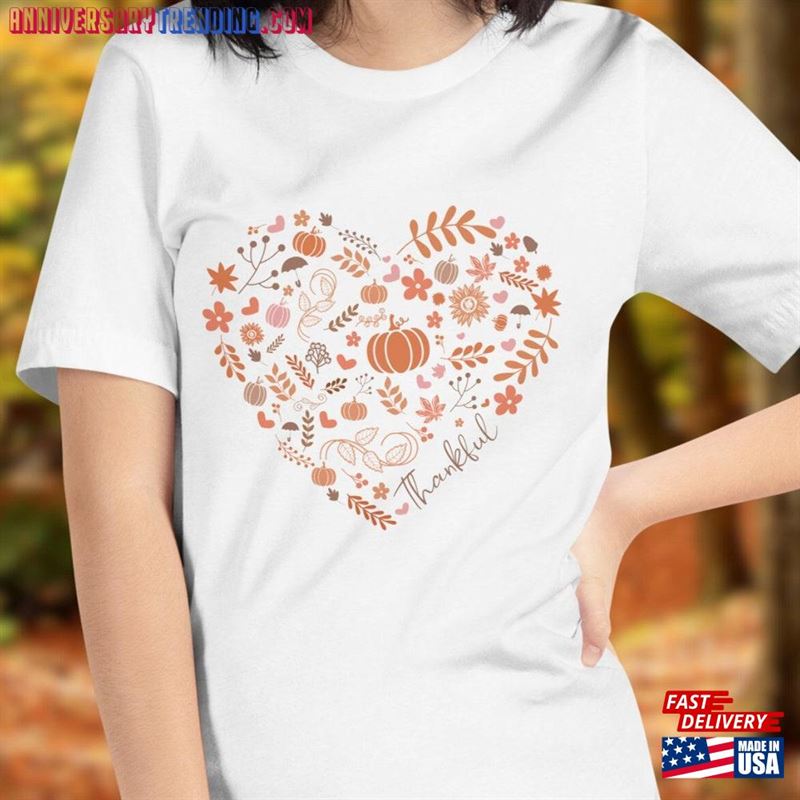 Fall Heart T-Shirt Autumn Doodles Shirt Floral Tee Classic Unisex