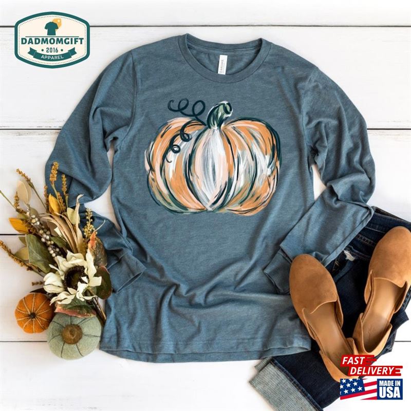 Fall Pumpkin Long Sleeve Tee Shirt Thanksgiving Halloween T-Shirt Unisex