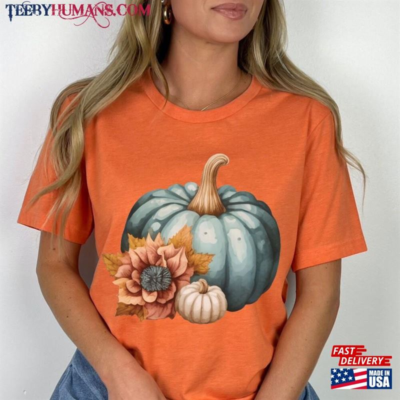 Fall Pumpkins And Flowers Short Sleeve T-Shirt Blue Pumpkin Tee Autumn Themed Shirt Sweatshirt Classic