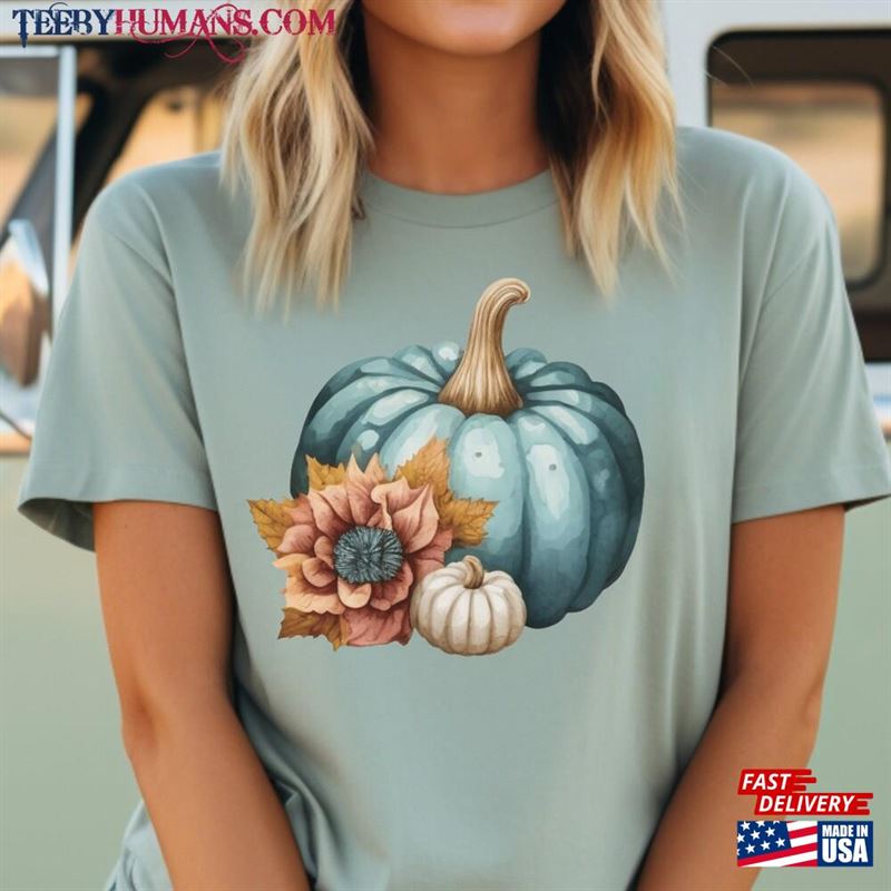 Fall Pumpkins And Flowers Short Sleeve T-Shirt Blue Pumpkin Tee Autumn Themed Shirt Sweatshirt Classic