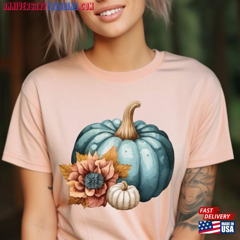 Fall Pumpkins And Flowers Short Sleeve T-Shirt Blue Pumpkin Tee Autumn Themed Shirt Sweatshirt Unisex Fall Pumpkins And Flowers Short Sleeve T-Shirt Blue Pumpkin Tee Autumn Themed Shirt Sweatshirt Unisex