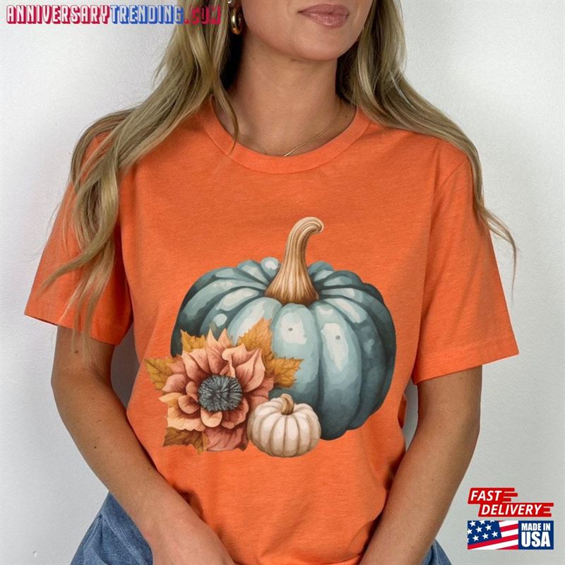 Fall Pumpkins And Flowers Short Sleeve T-Shirt Blue Pumpkin Tee Autumn Themed Shirt Sweatshirt Unisex