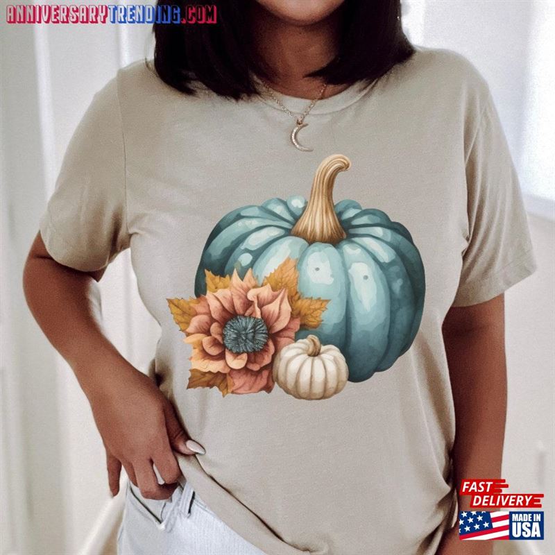 Fall Pumpkins And Flowers Short Sleeve T-Shirt Blue Pumpkin Tee Autumn Themed Shirt Sweatshirt Unisex Fall Pumpkins And Flowers Short Sleeve T-Shirt Blue Pumpkin Tee Autumn Themed Shirt Sweatshirt Unisex