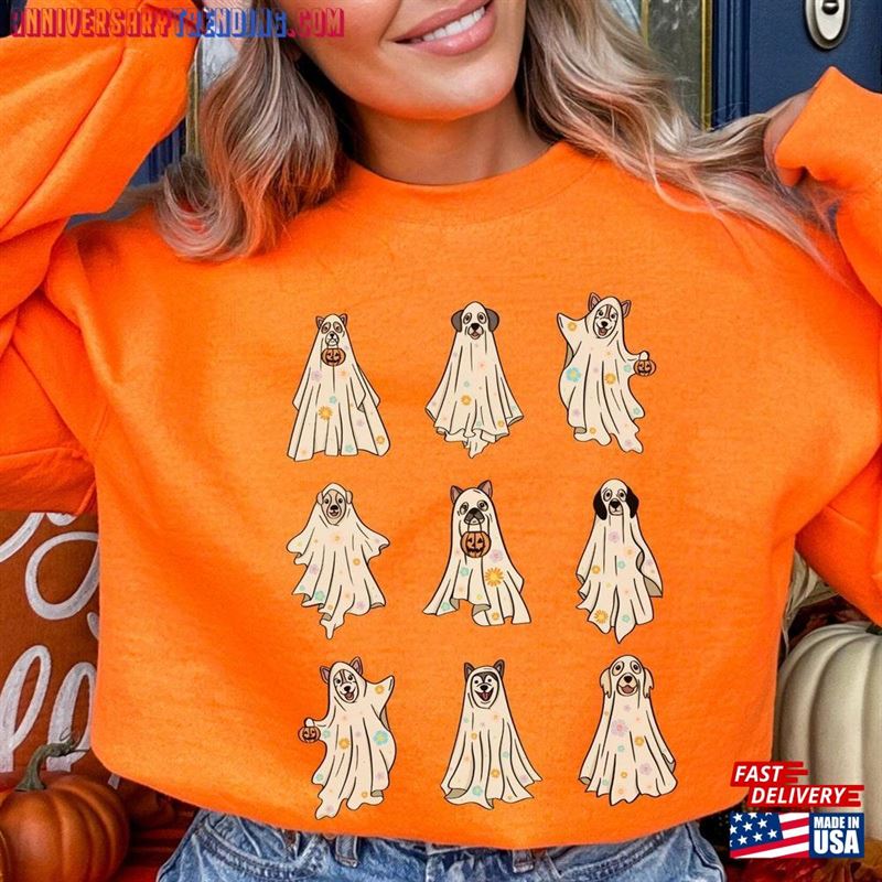 Floral Ghost Dogs Halloween Sweatshirt Spooky Dog T-Shirt 2023 Happy Funny Unisex