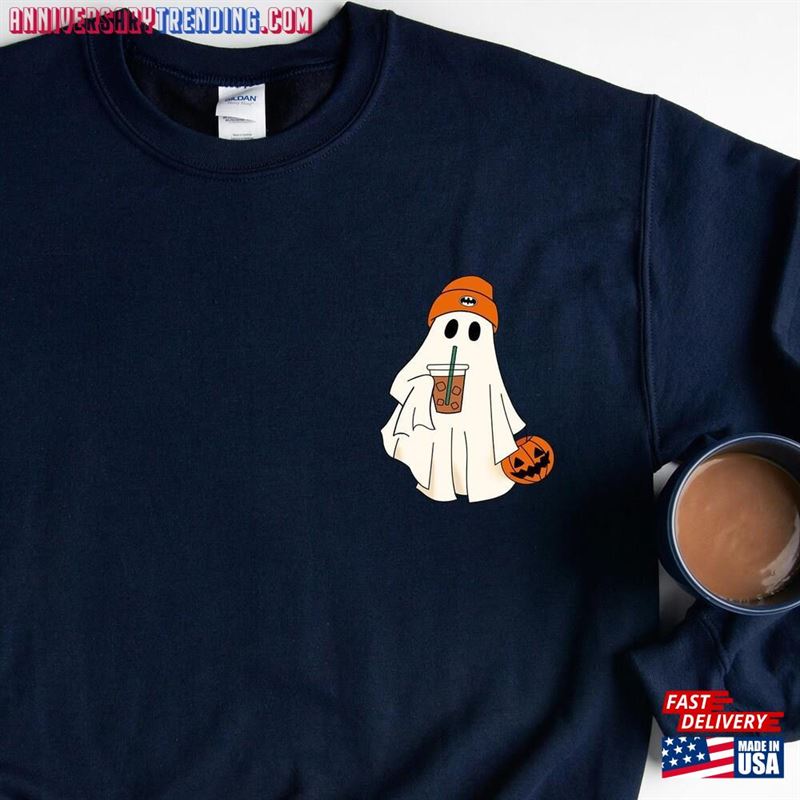 Funny Ghost Ice Coffee Sweatshirt Spooky Weatshirt Womens Halloween Classic Unisex