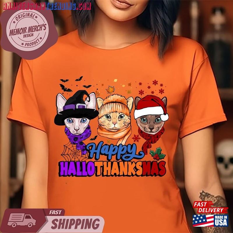 Hallothanksmas Cat Shirt Sweatshirt Cute Christmas T-Shirt Hoodie