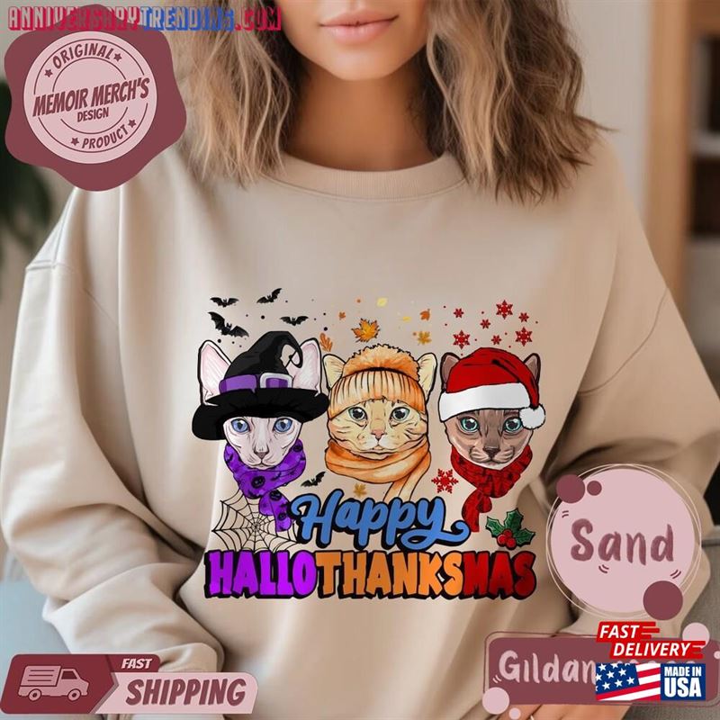 Hallothanksmas Cat Shirt Sweatshirt Cute Christmas T-Shirt Hoodie