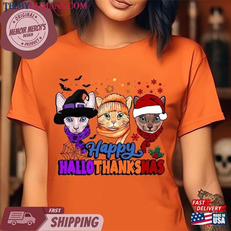 Hallothanksmas Cat Shirt Sweatshirt Cute Christmas T-Shirt Unisex