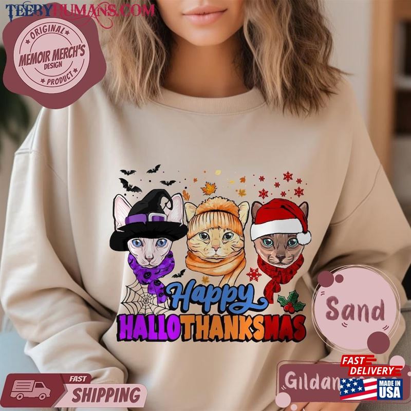 Hallothanksmas Cat Shirt Sweatshirt Cute Christmas T-Shirt Unisex