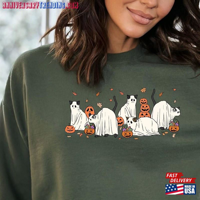 Halloween Sweatshirt Cat Ghost Shirt Unisex