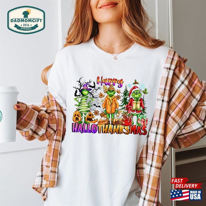 Halloween Thanksgiving Christmas Shirt Happy Hallothanksmas Sweatshirts Shirts Unisex Hoodie