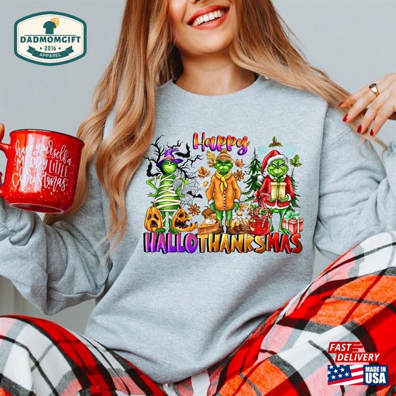 Halloween Thanksgiving Christmas Shirt Happy Hallothanksmas Sweatshirts Shirts Unisex Hoodie