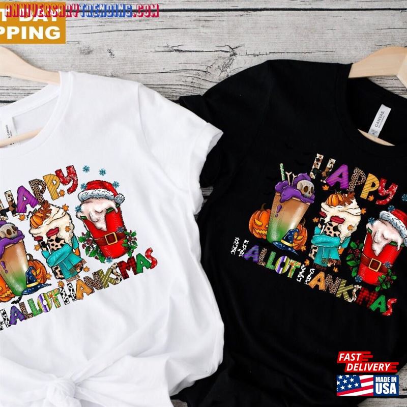 Happy Hallothanksmas Coffee Halloween Merry Christmas Shirt Clipart T-Shirt Hoodie