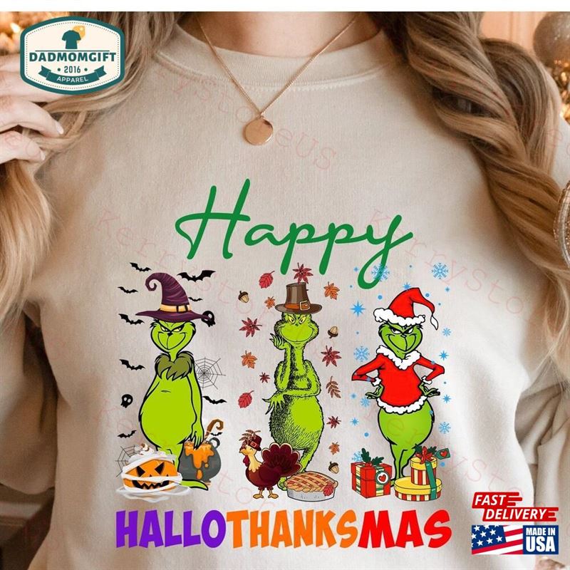 Happy Hallothanksmas Grinch Shirt Santa Thanksgiving Classic Hoodie