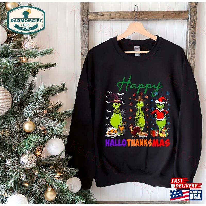 Happy Hallothanksmas Grinch Shirt Santa Thanksgiving Classic Hoodie