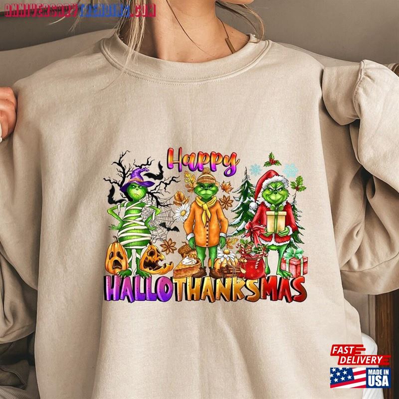 Happy Hallothanksmas Sweatshirt Christmas Halloween Gift For Women Classic Hoodie