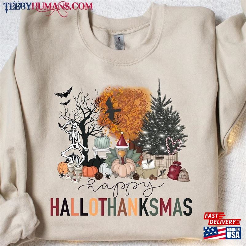 Happy Hallothanksmas Sweatshirt Halloween Gift For Women Christmas Classic