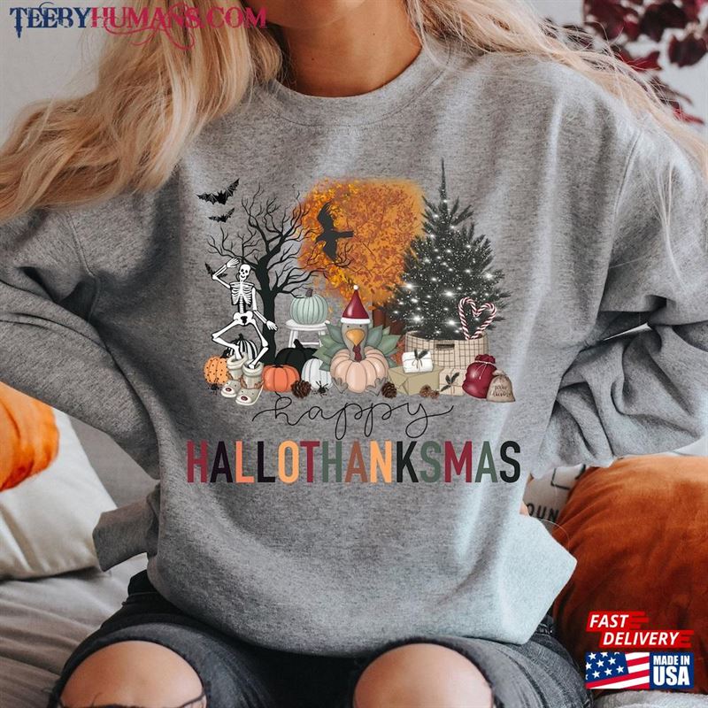 Happy Hallothanksmas Sweatshirt Halloween Gift For Women Christmas Classic