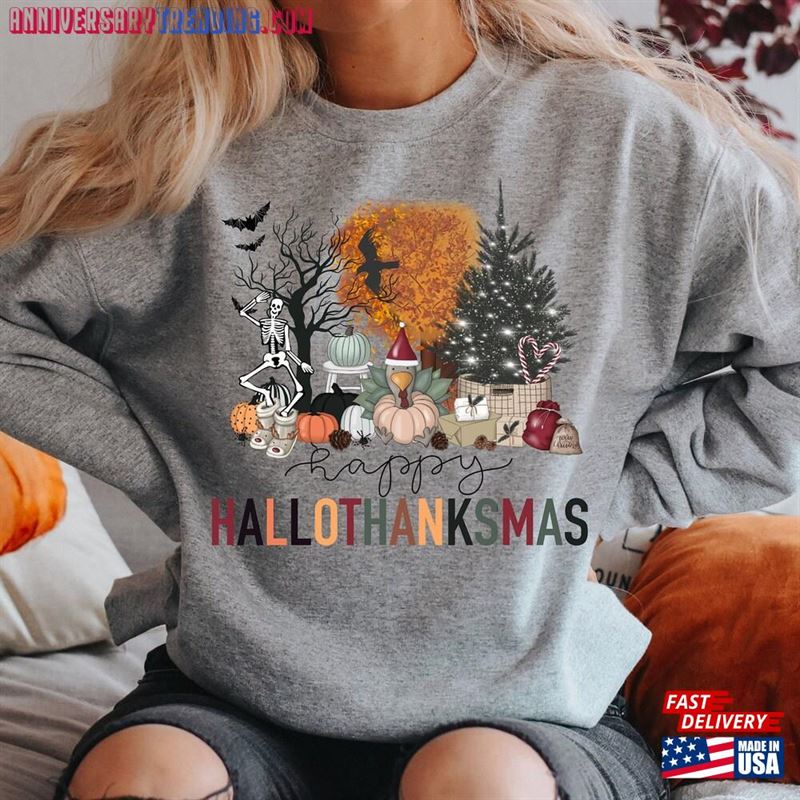 Happy Hallothanksmas Sweatshirt Halloween Gift For Women Christmas Hoodie Unisex