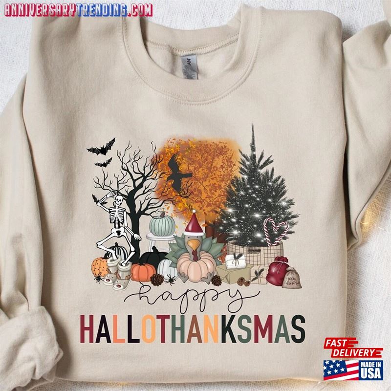 Happy Hallothanksmas Sweatshirt Halloween Gift For Women Christmas Hoodie Unisex