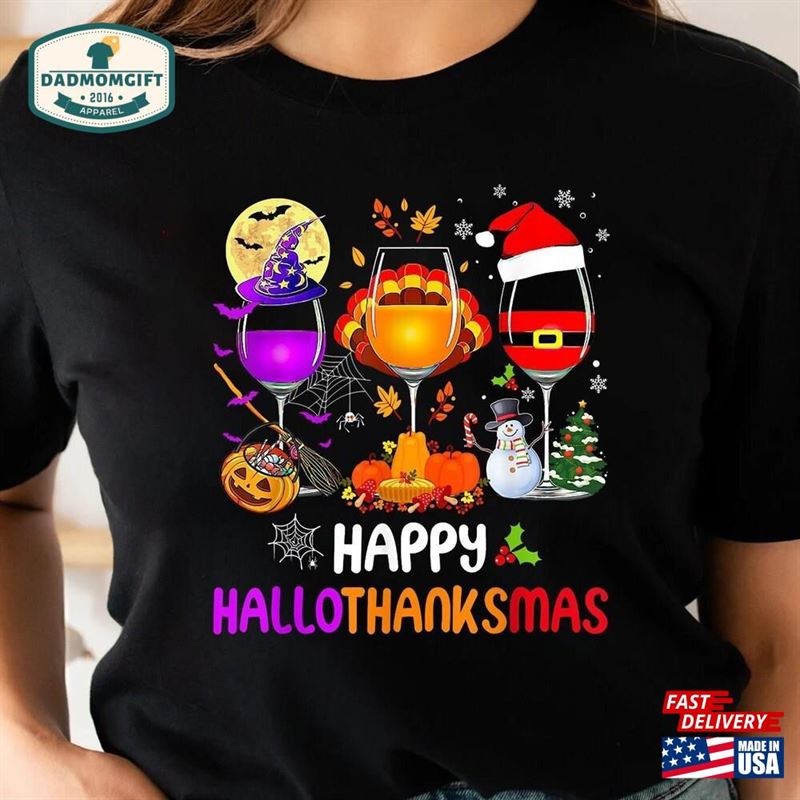 Happy Hallothanksmas Wine Shirt Funny Gnome Cute Drinking T-Shirt Unisex