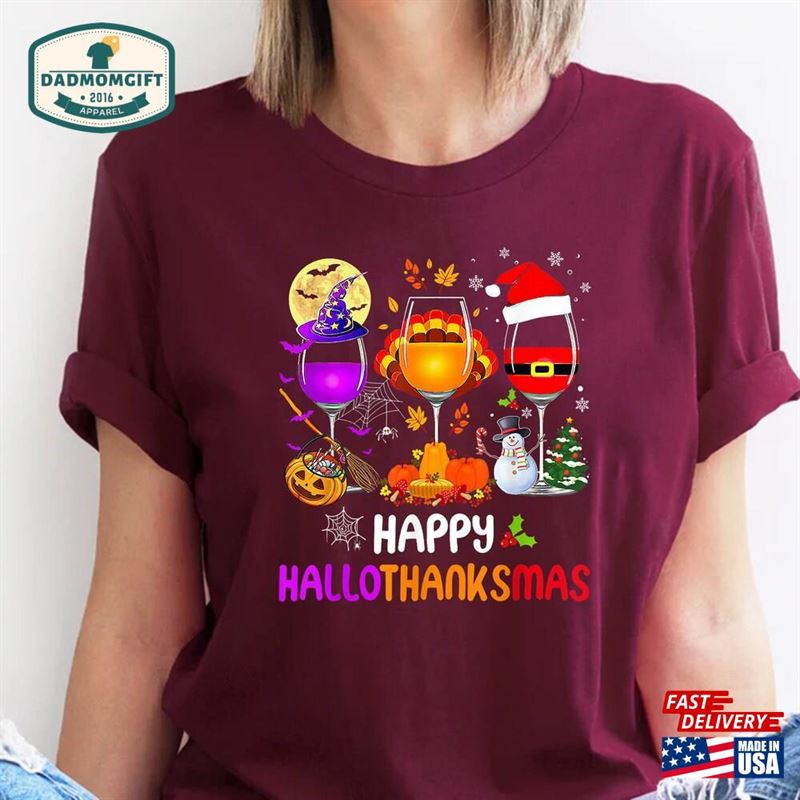 Happy Hallothanksmas Wine Shirt Funny Gnome Cute Drinking T-Shirt Unisex