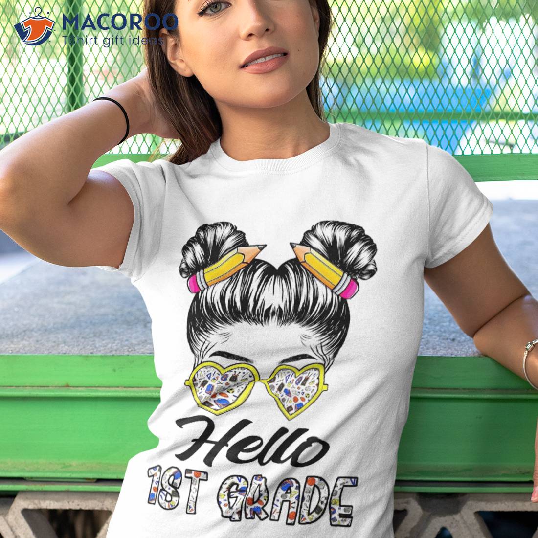 Hello 1st Grade Messy Bun Girl – First Back To School Shirt